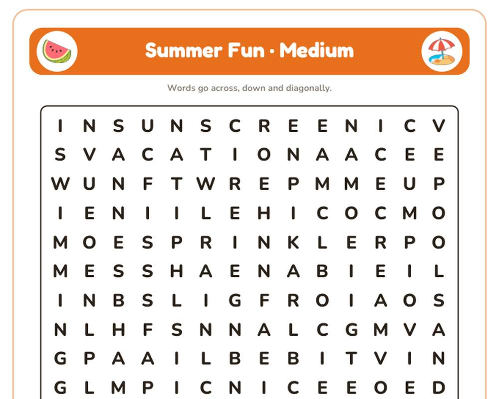 Summer Fun Word Search Printable: 4 Puzzles (Easy to Hard + Large Print) printable preview 2