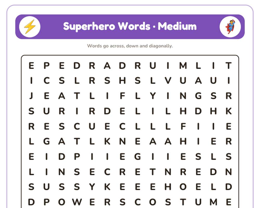 Superhero Words Word Search Printable: 4 Puzzles (Easy to Hard + Large Print) printable preview 2