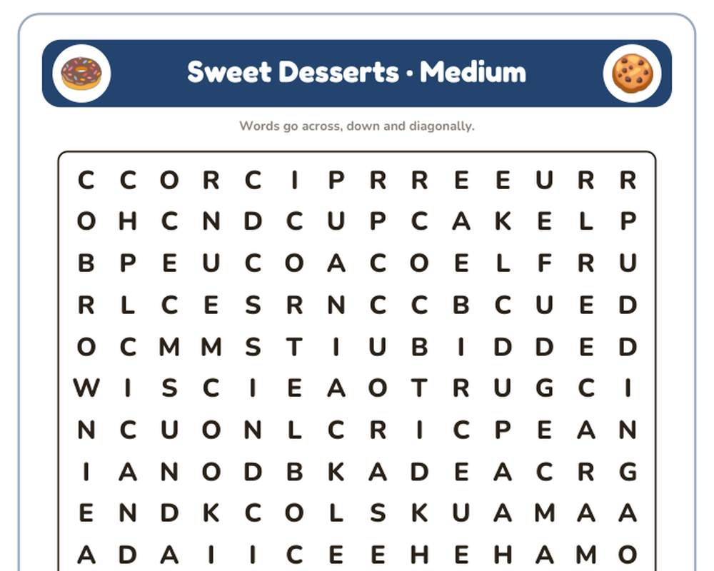 Sweet Desserts Word Search Printable: 4 Puzzles (Easy to Hard + Large Print) printable preview 2