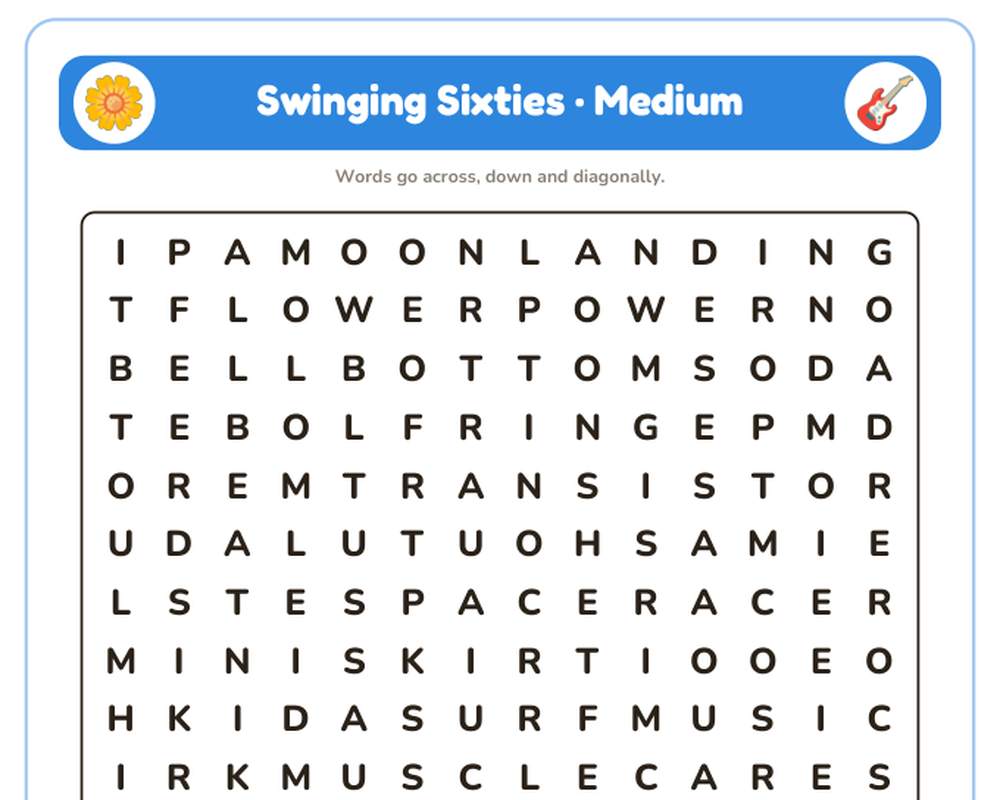 Swinging Sixties Word Search Printable: 4 Puzzles (Easy to Hard + Large Print) printable preview 2