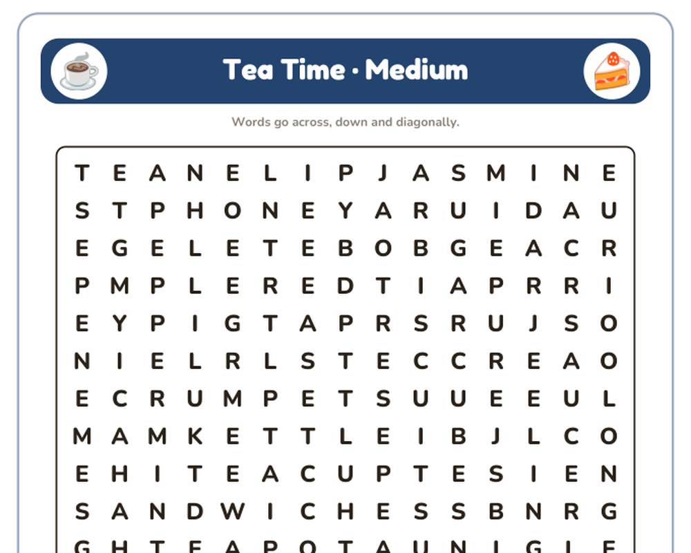 Tea Time Word Search Printable: 4 Puzzles (Easy to Hard + Large Print) printable preview 2