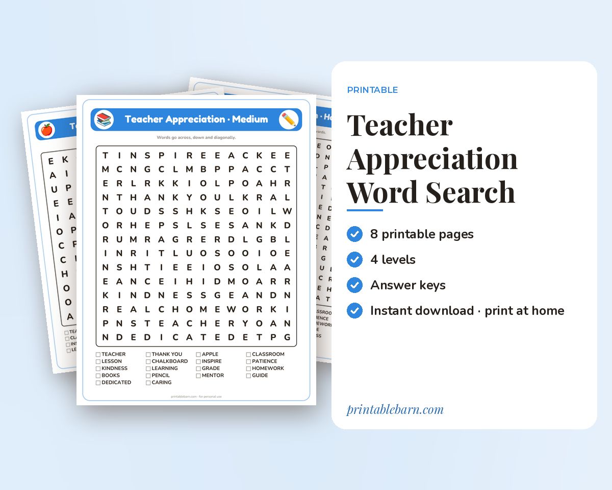 Teacher Appreciation Word Search Printable: 4 Puzzles (Easy to Hard + Large Print) printable preview 1