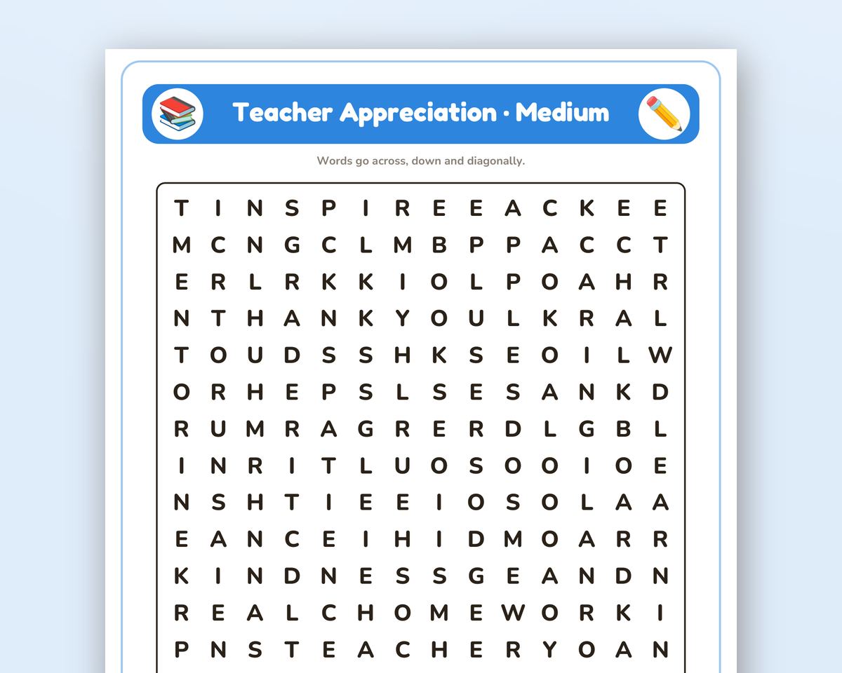 Teacher Appreciation Word Search Printable: 4 Puzzles (Easy to Hard + Large Print) printable preview 2