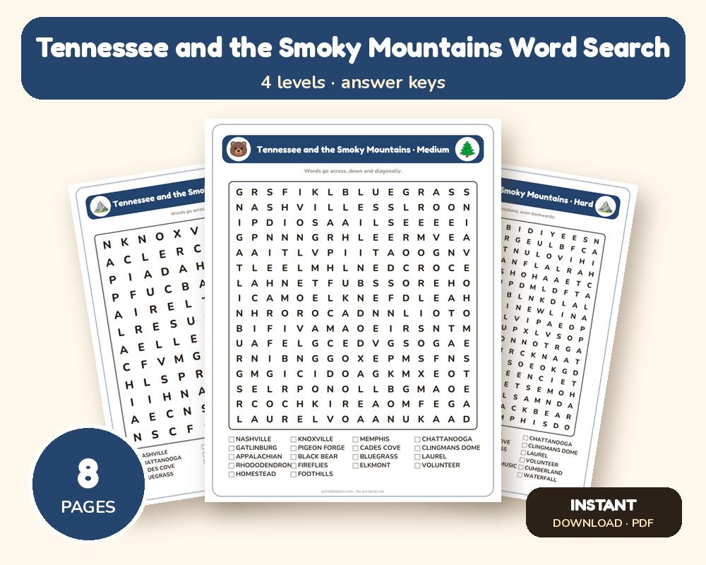 Tennessee and the Smoky Mountains Word Search Printable: 4 Puzzles (Easy to Hard + Large Print)