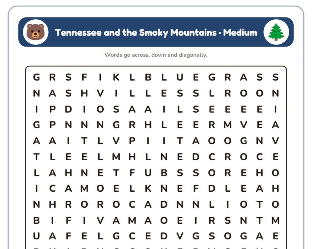 Tennessee and the Smoky Mountains Word Search Printable: 4 Puzzles (Easy to Hard + Large Print) printable preview 2