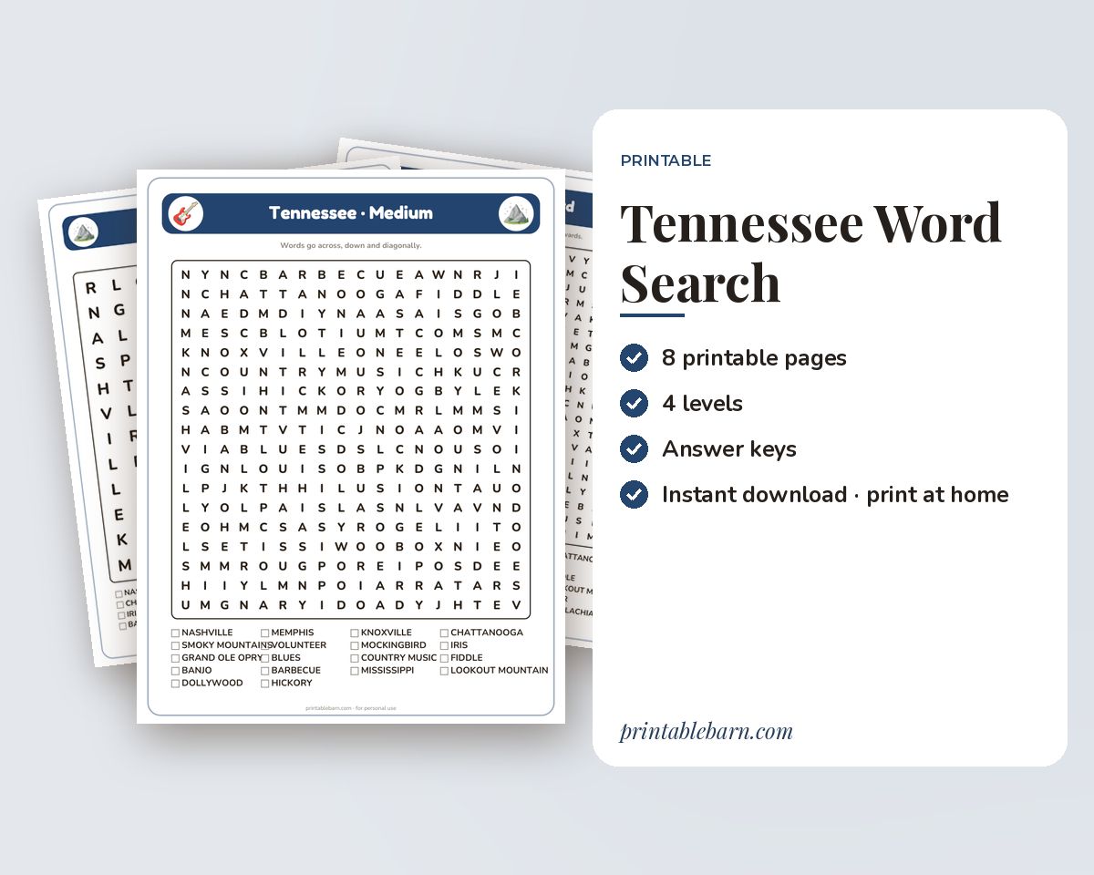 Tennessee Word Search Printable: 4 Puzzles (Easy to Hard + Large Print)