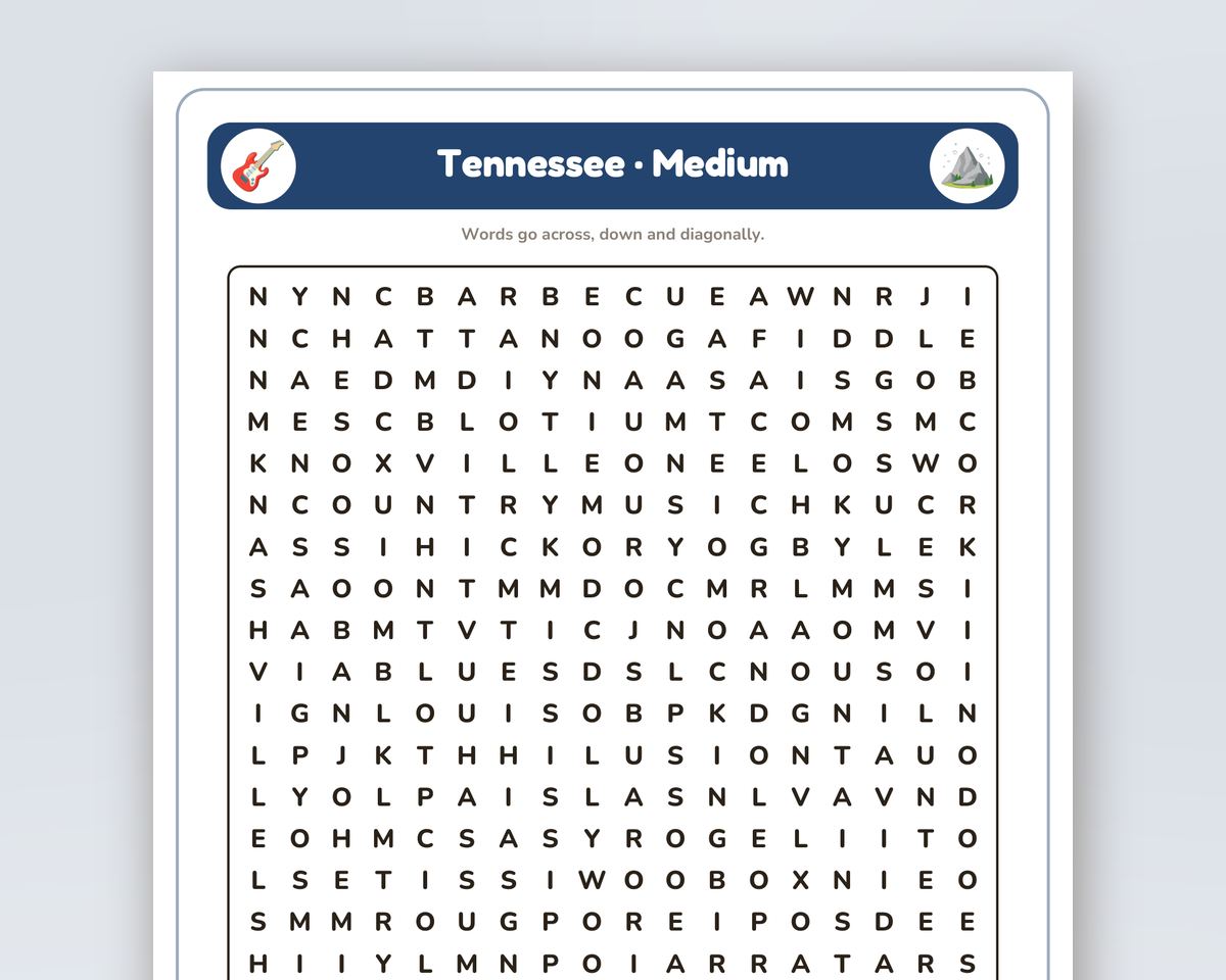 Tennessee Word Search Printable: 4 Puzzles (Easy to Hard + Large Print) printable preview 2