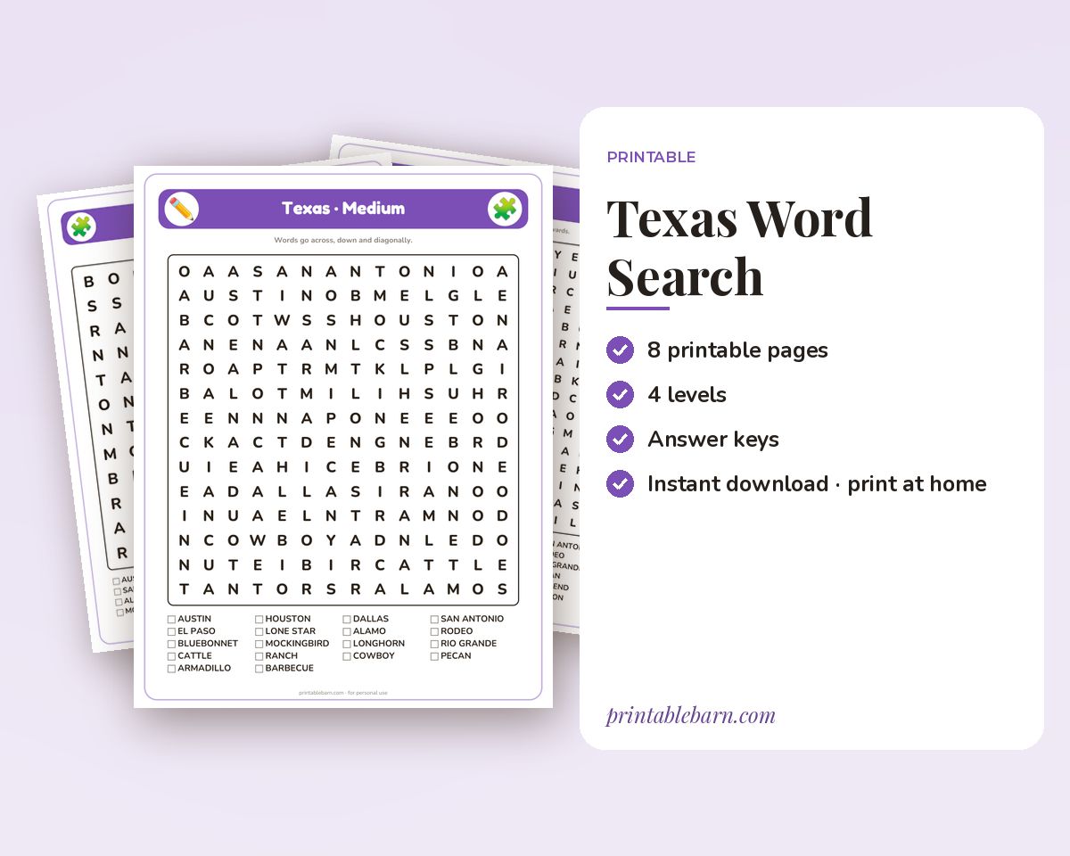 Texas Word Search Printable: 4 Puzzles (Easy to Hard + Large Print)