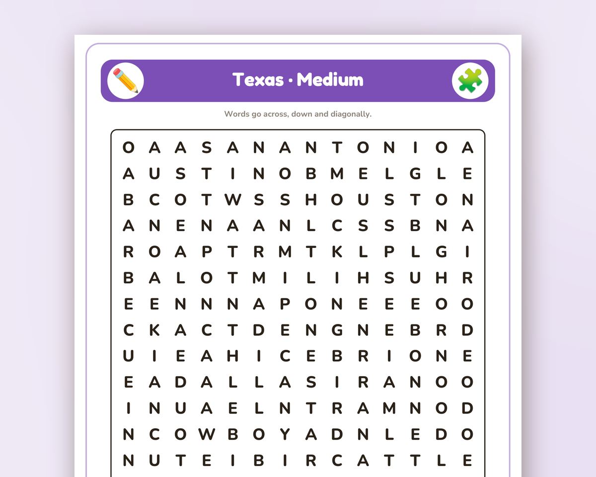 Texas Word Search Printable: 4 Puzzles (Easy to Hard + Large Print) printable preview 2