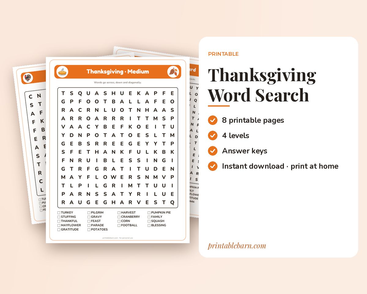 Thanksgiving Word Search Printable: 4 Puzzles (Easy to Hard + Large Print)