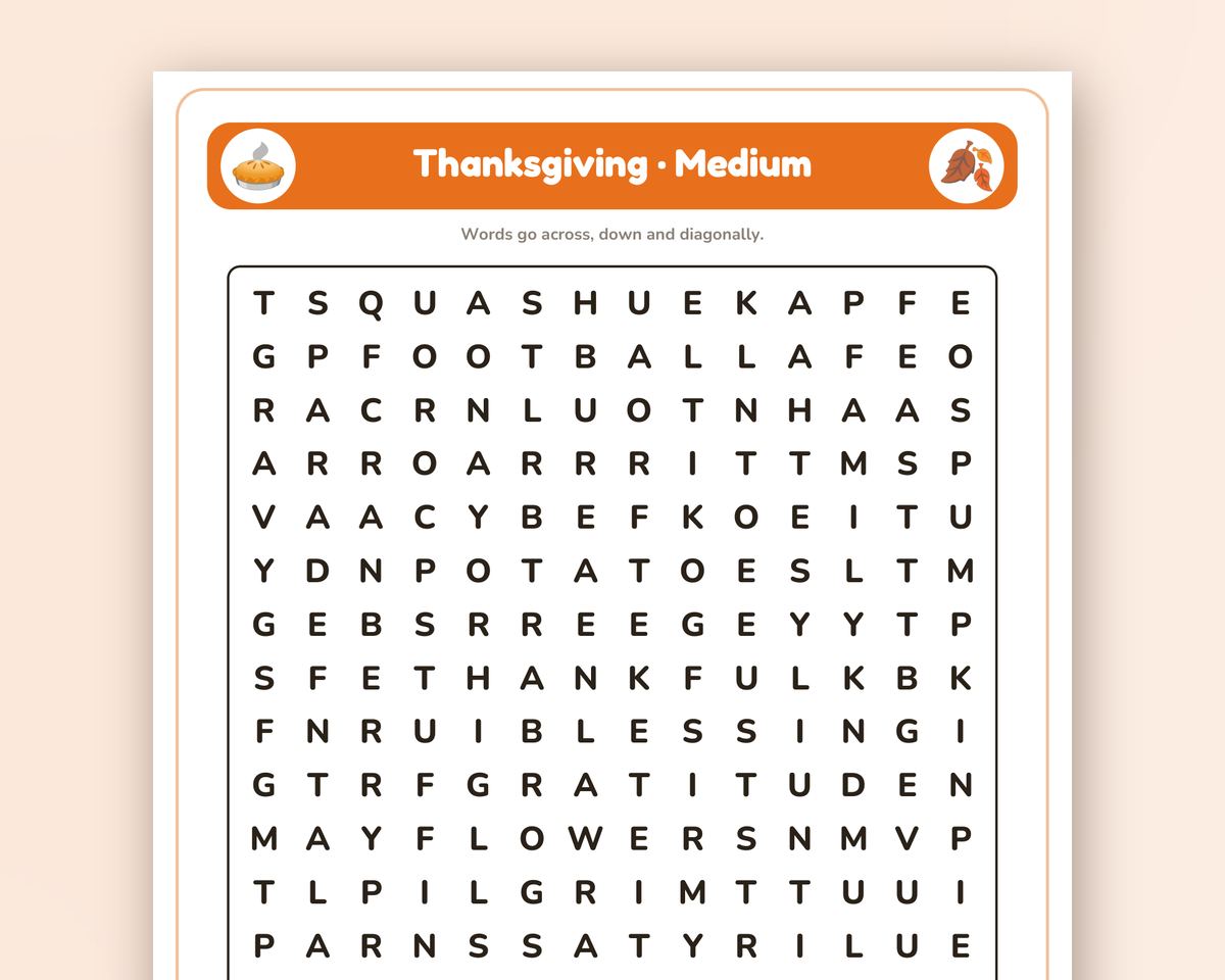 Thanksgiving Word Search Printable: 4 Puzzles (Easy to Hard + Large Print) printable preview 2
