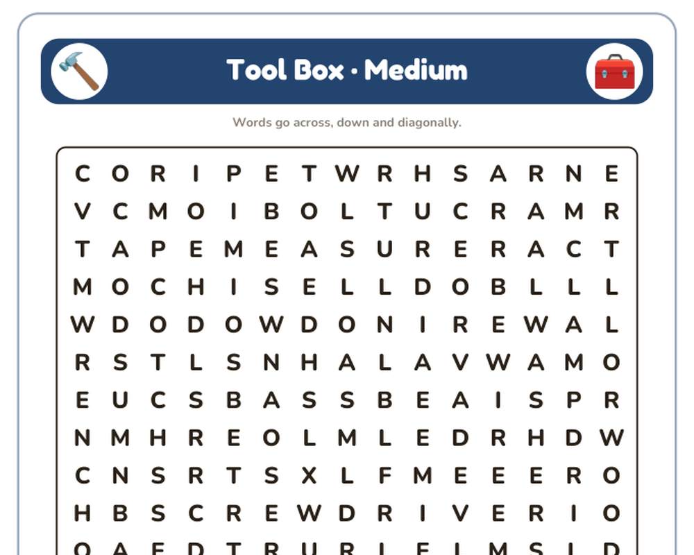 Tool Box Word Search Printable: 4 Puzzles (Easy to Hard + Large Print) printable preview 2