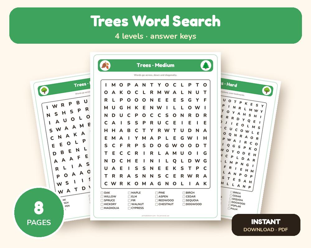Trees Word Search Printable: 4 Puzzles (Easy to Hard + Large Print)