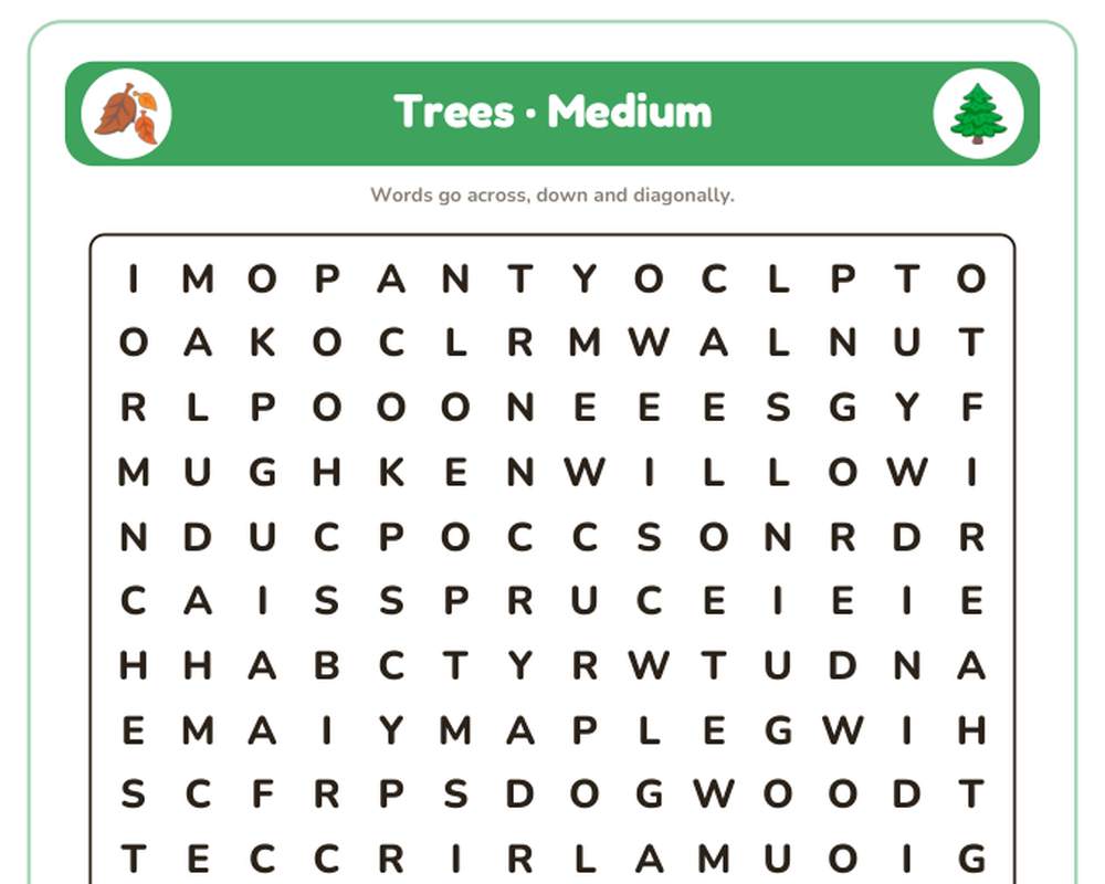 Trees Word Search Printable: 4 Puzzles (Easy to Hard + Large Print) printable preview 2