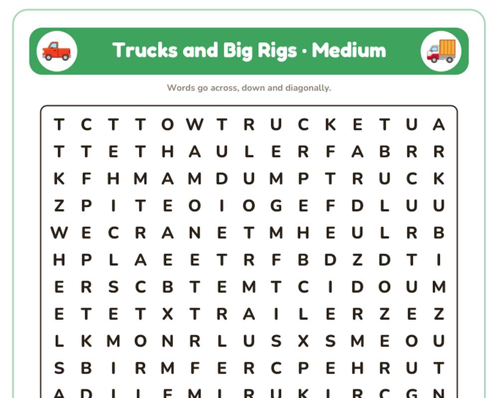 Free printable Trucks and Big Rigs Word Search sample page