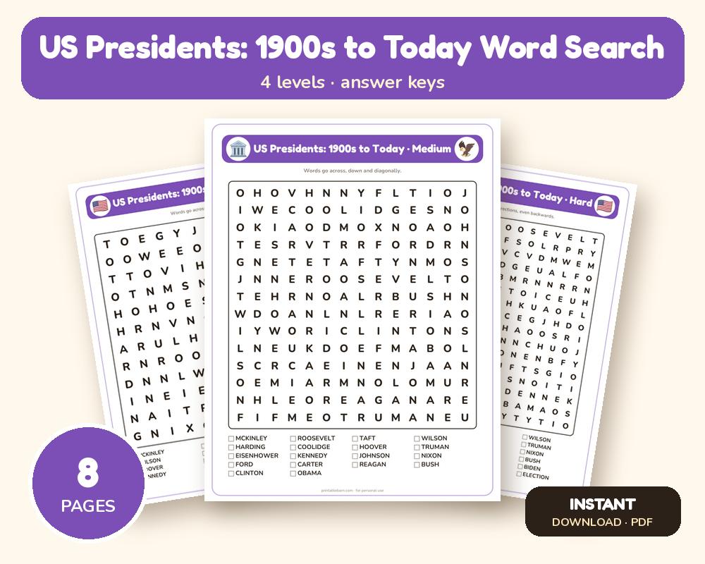 US Presidents: 1900s to Today Word Search Printable: 4 Puzzles (Easy to Hard + Large Print) printable preview 1