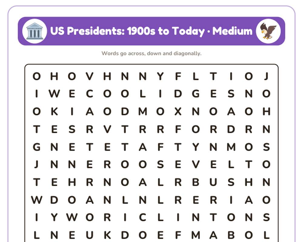US Presidents: 1900s to Today Word Search Printable: 4 Puzzles (Easy to Hard + Large Print) printable preview 2