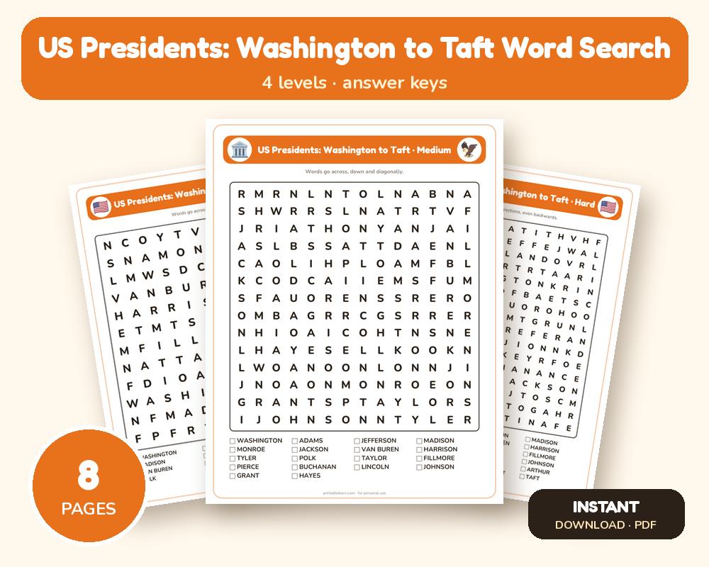 US Presidents: Washington to Taft Word Search Printable: 4 Puzzles (Easy to Hard + Large Print)