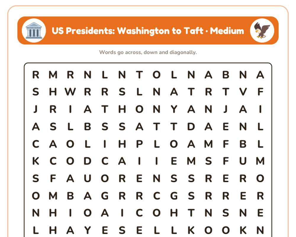 US Presidents: Washington to Taft Word Search Printable: 4 Puzzles (Easy to Hard + Large Print) printable preview 2