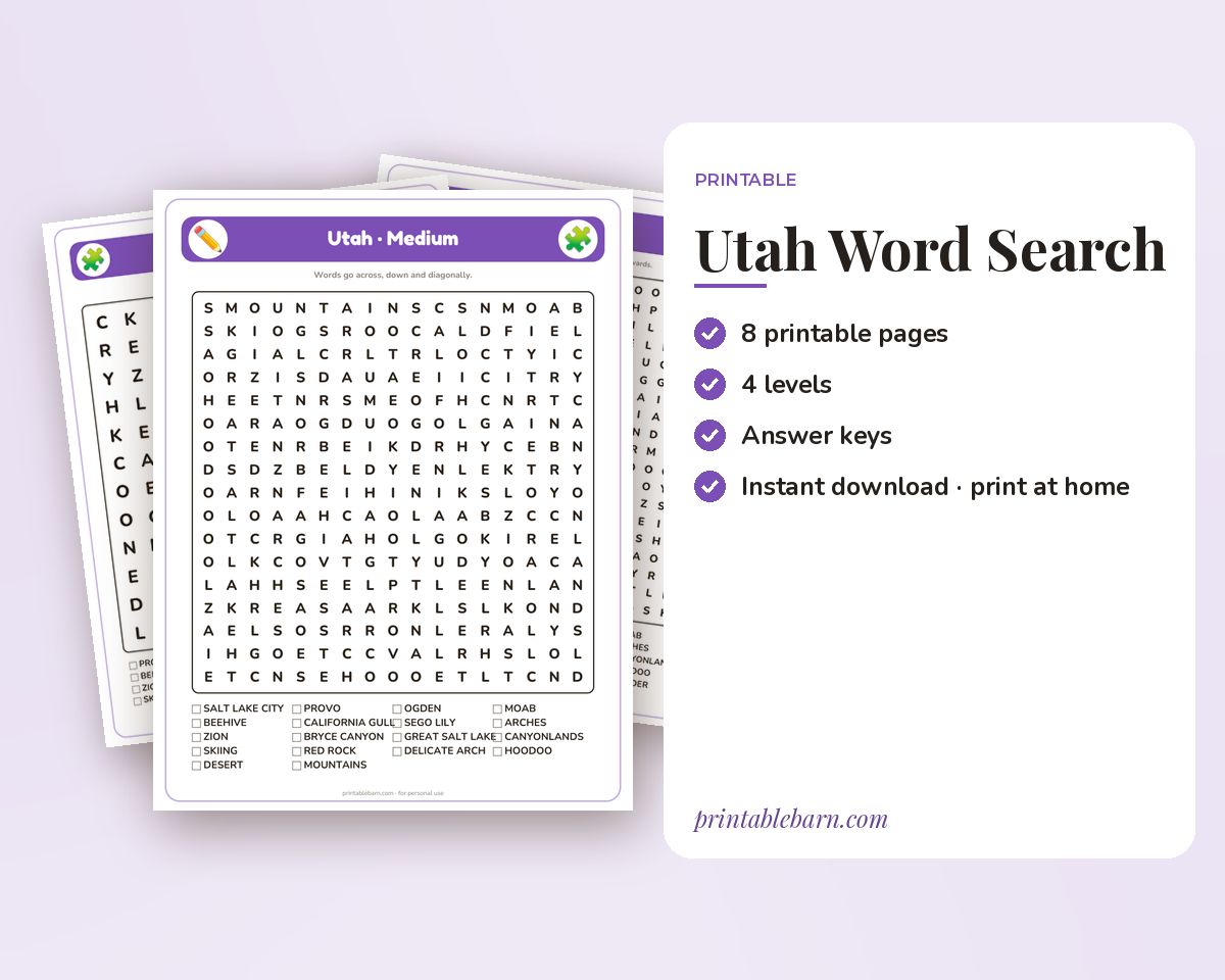 Utah Word Search Printable: 4 Puzzles (Easy to Hard + Large Print) printable preview 1