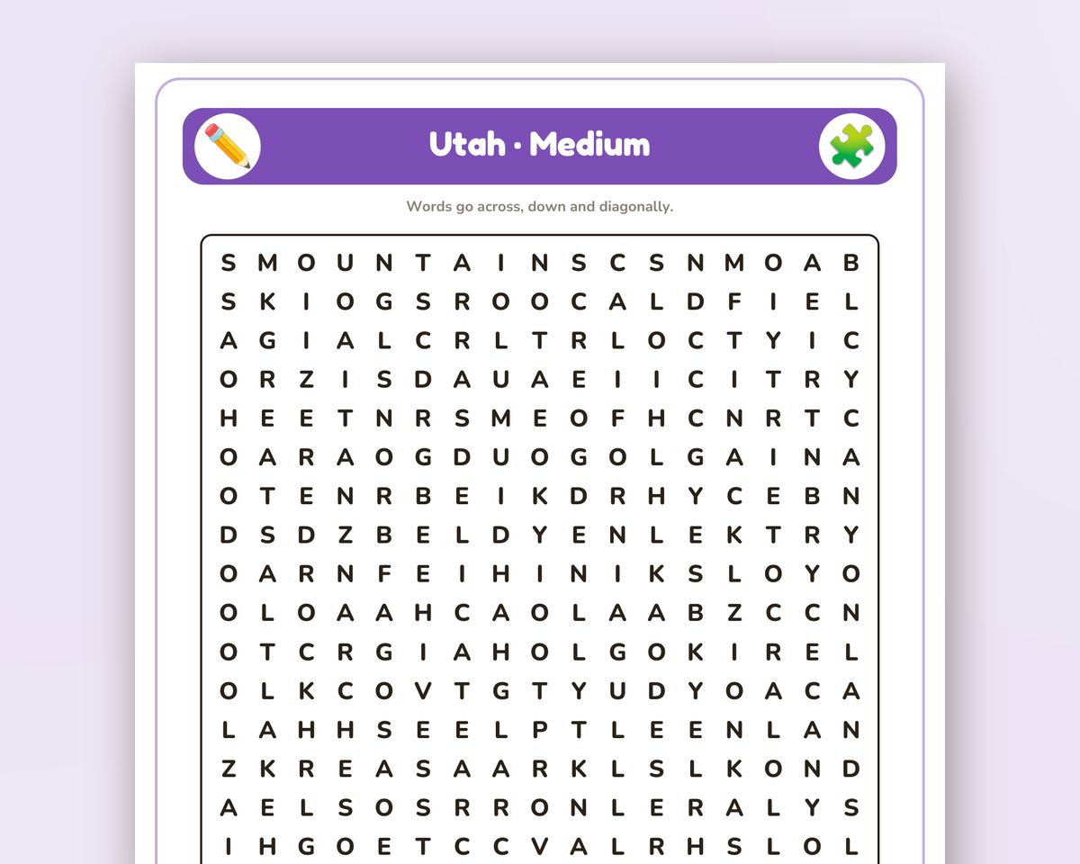 Free printable Utah Word Search sample page