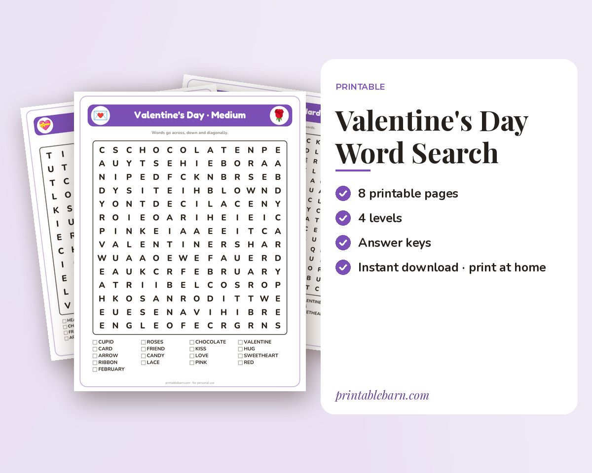 Valentine's Day Word Search Printable: 4 Puzzles (Easy to Hard + Large Print)