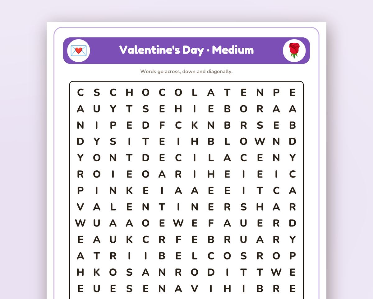 Valentine's Day Word Search Printable: 4 Puzzles (Easy to Hard + Large Print) printable preview 2