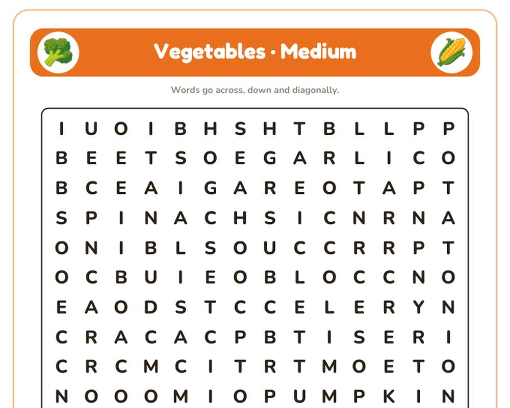 Vegetables Word Search Printable: 4 Puzzles (Easy to Hard + Large Print) printable preview 2