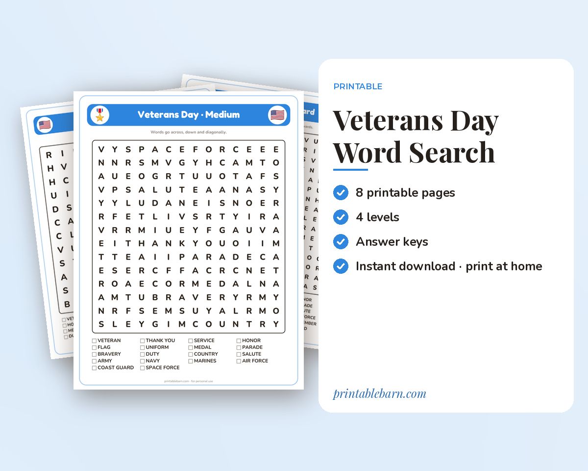 Veterans Day Word Search Printable: 4 Puzzles (Easy to Hard + Large Print) printable preview 1