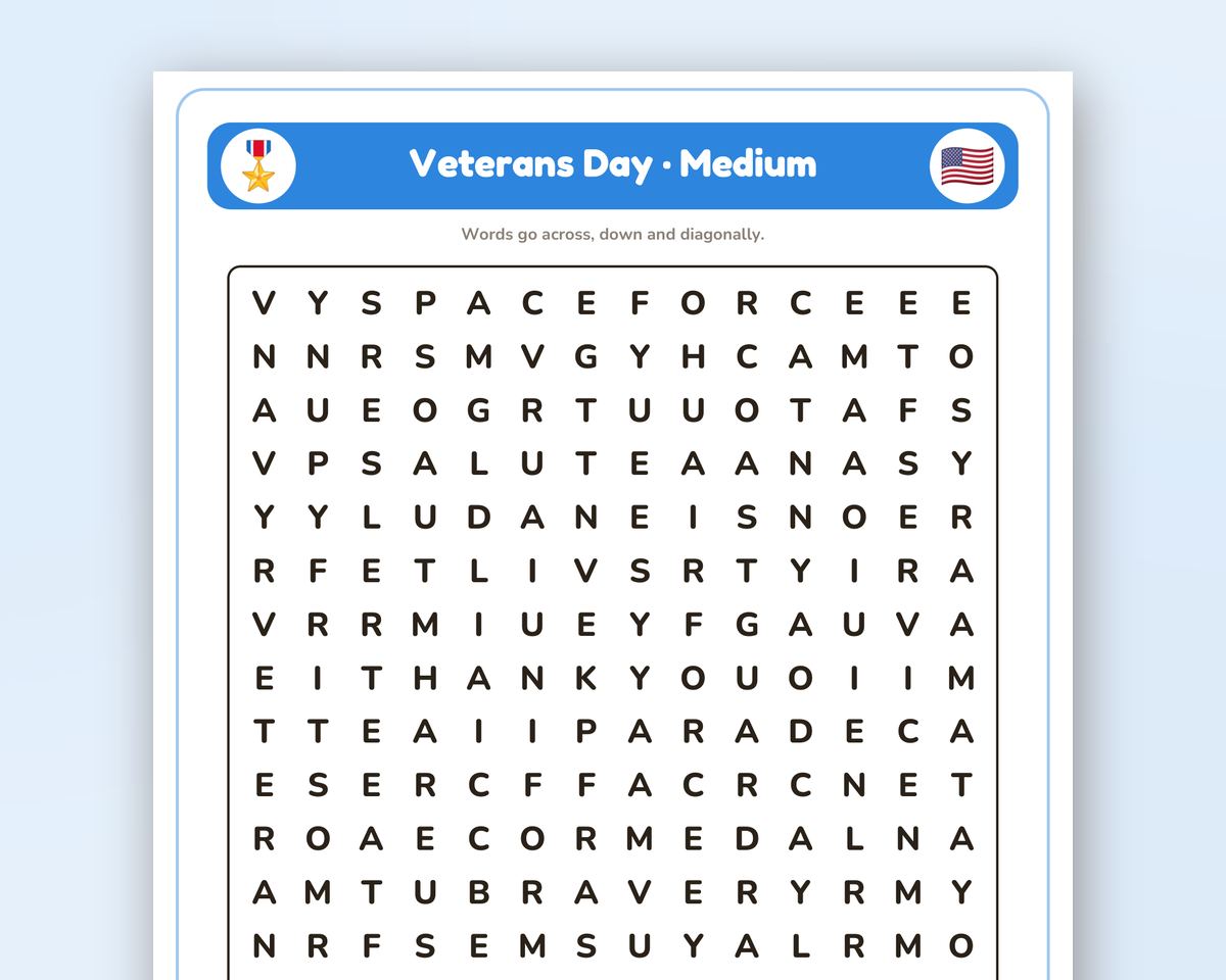 Veterans Day Word Search Printable: 4 Puzzles (Easy to Hard + Large Print) printable preview 2