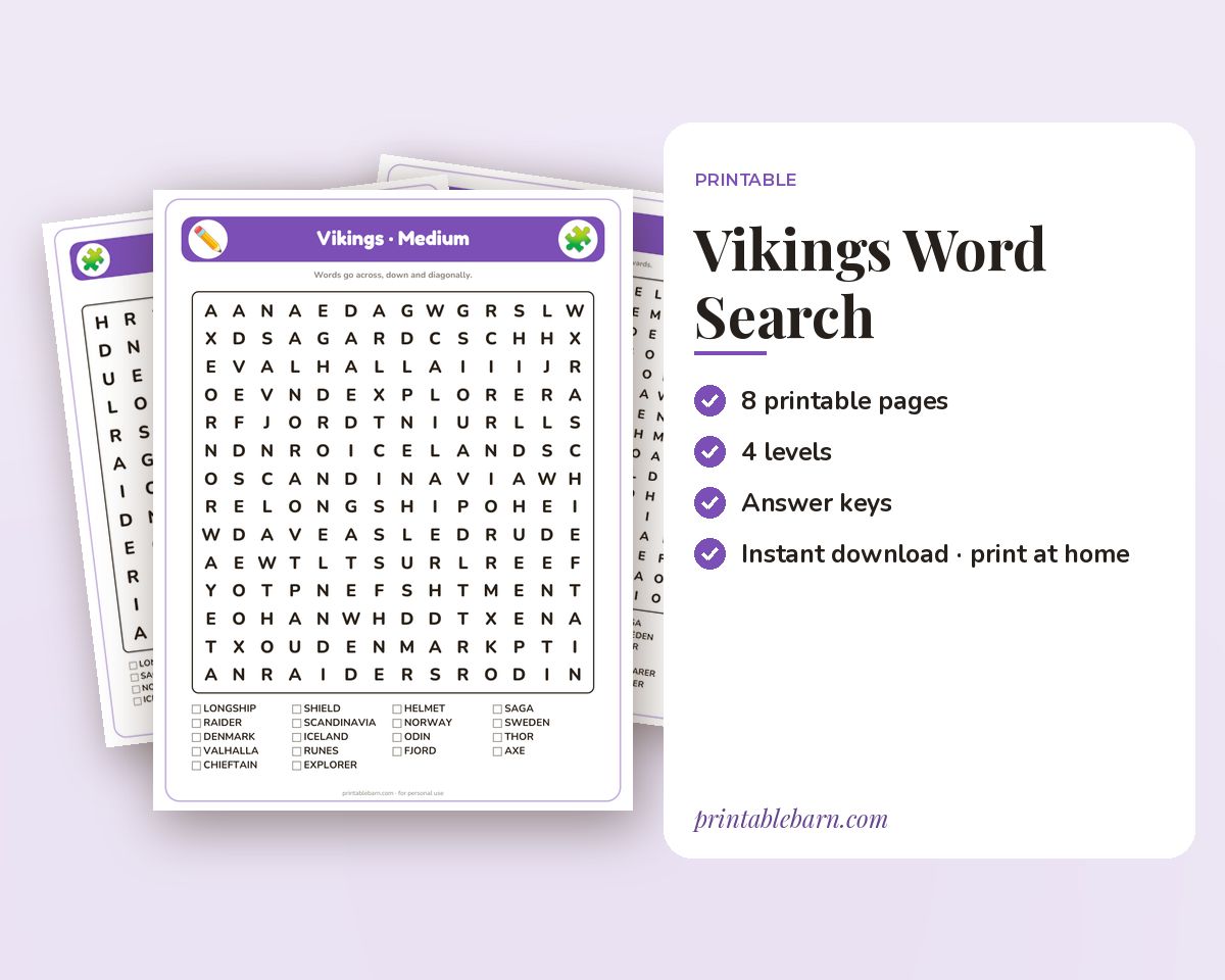 Vikings Word Search Printable: 4 Puzzles (Easy to Hard + Large Print) printable preview 1