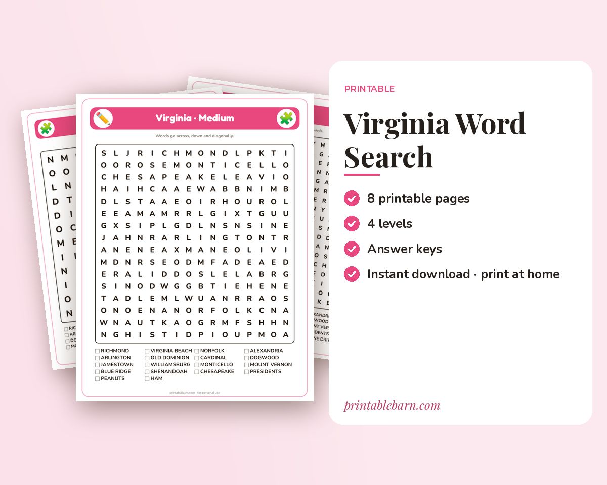 Virginia Word Search Printable: 4 Puzzles (Easy to Hard + Large Print) printable preview 1