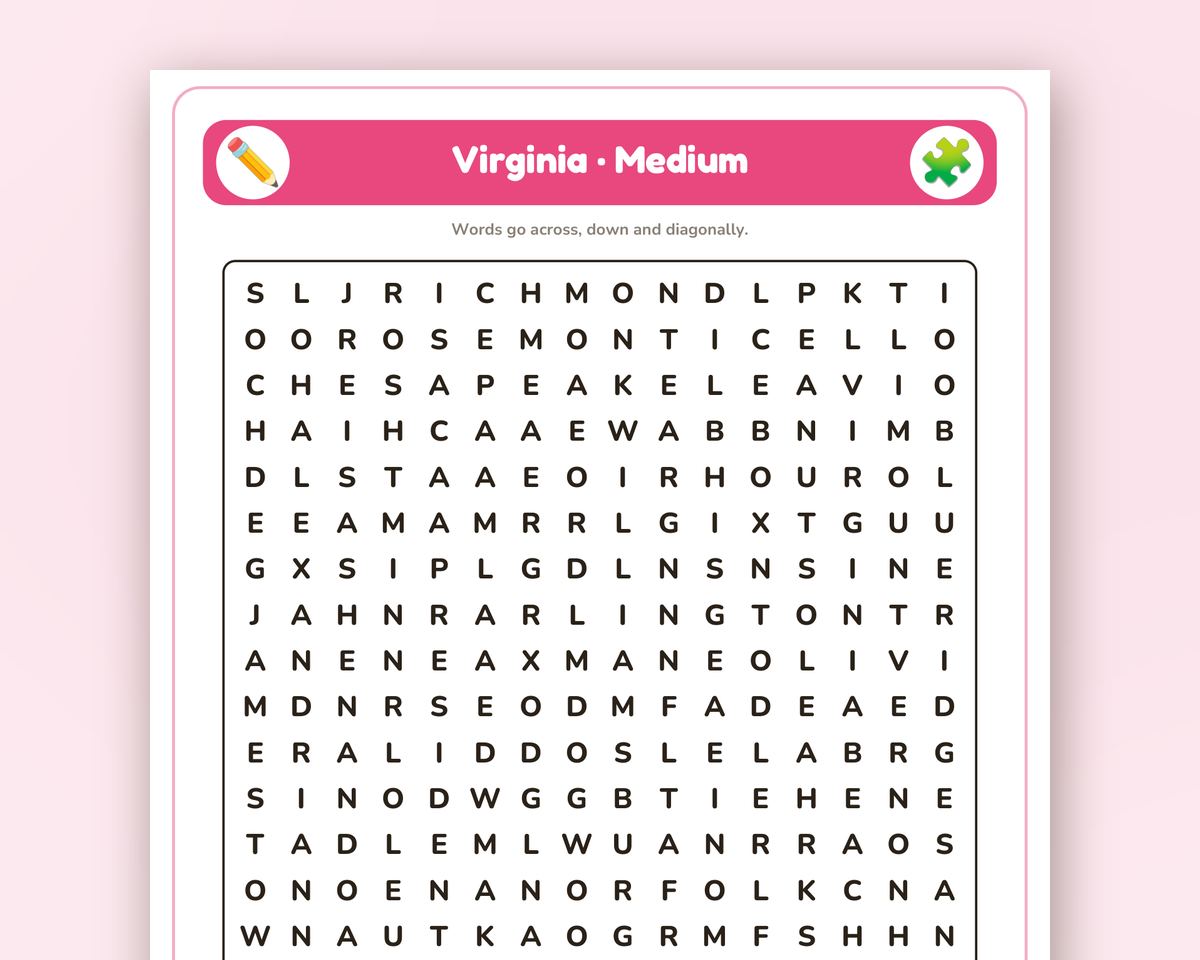 Virginia Word Search Printable: 4 Puzzles (Easy to Hard + Large Print) printable preview 2