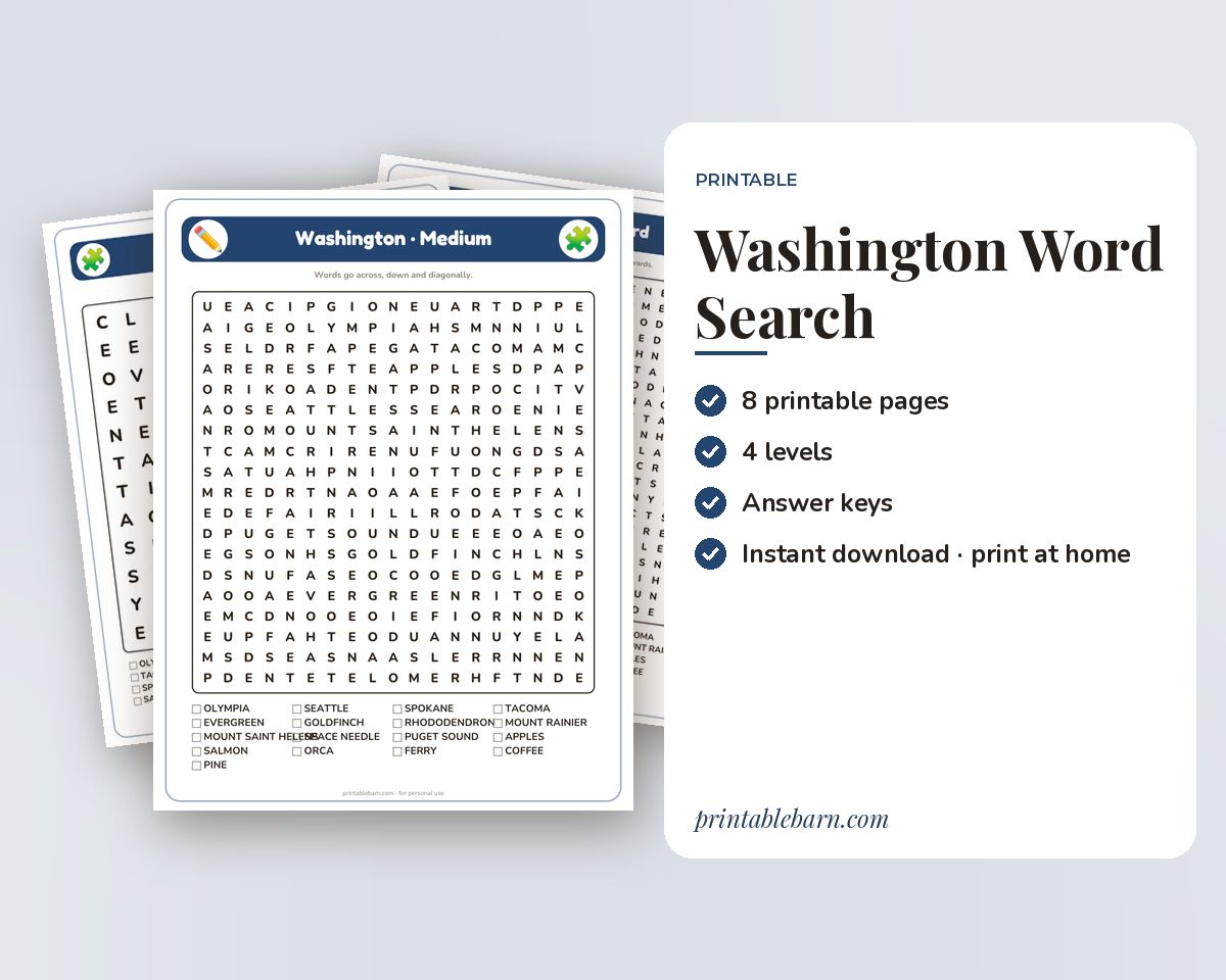 Washington Word Search Printable: 4 Puzzles (Easy to Hard + Large Print) printable preview 1