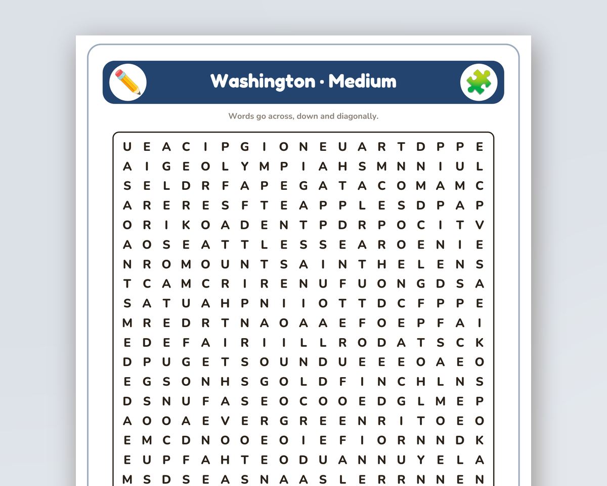 Washington Word Search Printable: 4 Puzzles (Easy to Hard + Large Print) printable preview 2