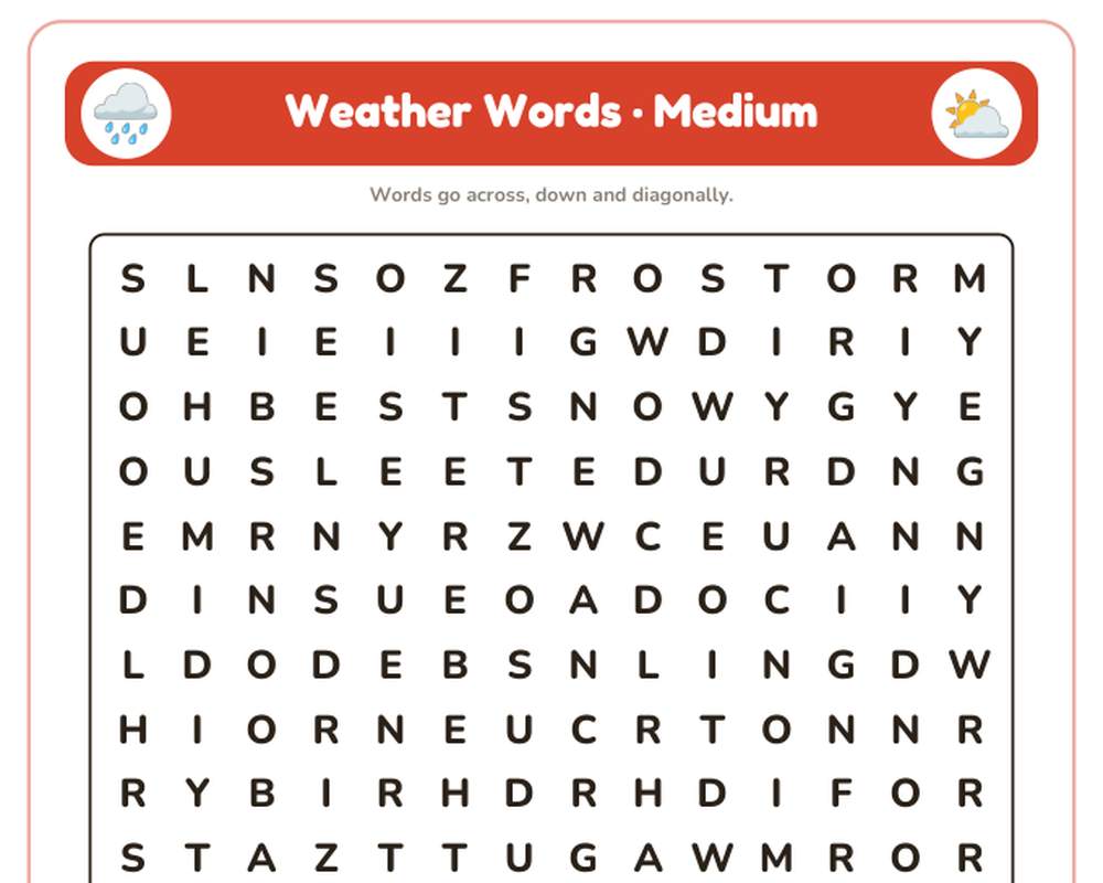 Weather Words Word Search Printable: 4 Puzzles (Easy to Hard + Large Print) printable preview 2