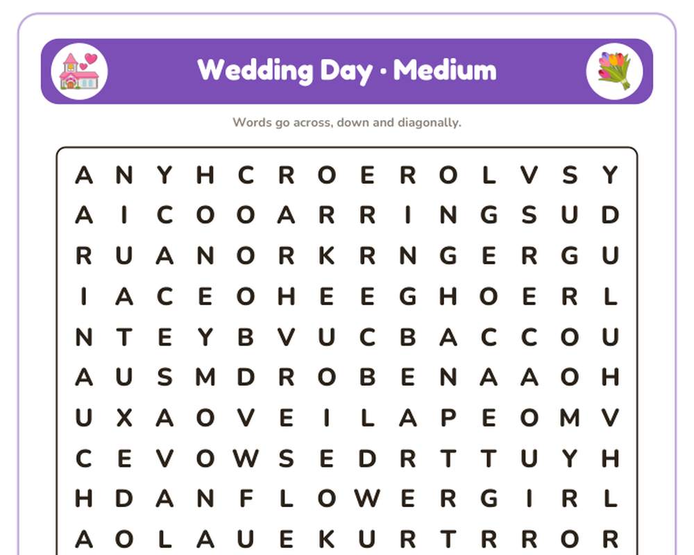 Wedding Day Word Search Printable: 4 Puzzles (Easy to Hard + Large Print) printable preview 2