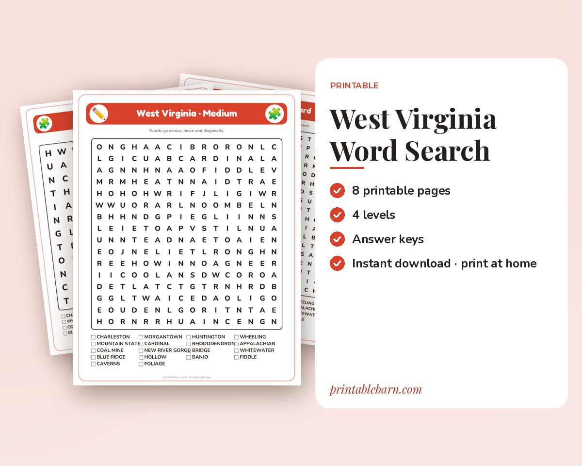 West Virginia Word Search Printable: 4 Puzzles (Easy to Hard + Large Print) printable preview 1