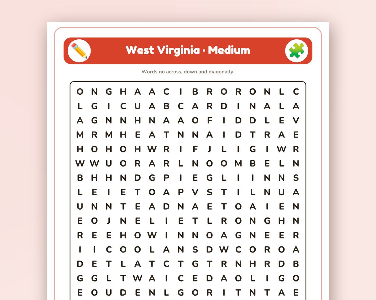 Free printable West Virginia Word Search sample page