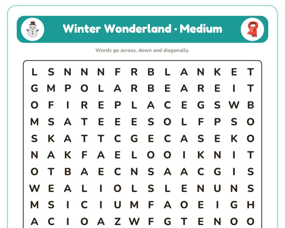 Winter Wonderland Word Search Printable: 4 Puzzles (Easy to Hard + Large Print) printable preview 2