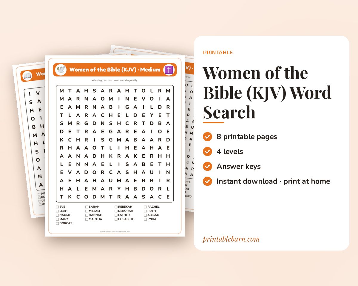 Women of the Bible (KJV) Word Search Printable: 4 Puzzles (Easy to Hard + Large Print)