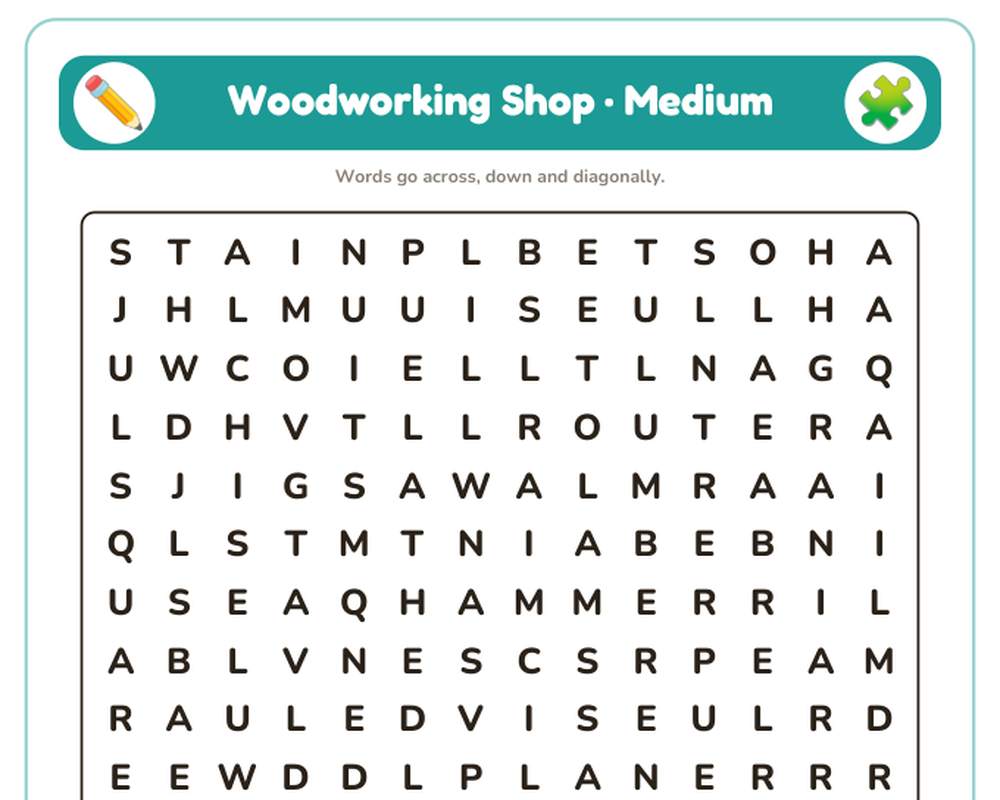 Woodworking Shop Word Search Printable: 4 Puzzles (Easy to Hard + Large Print) printable preview 2