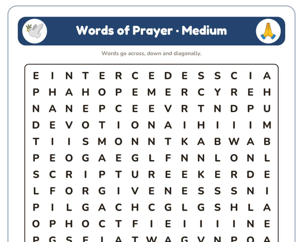 Words of Prayer Word Search Printable: 4 Puzzles (Easy to Hard + Large Print) printable preview 2