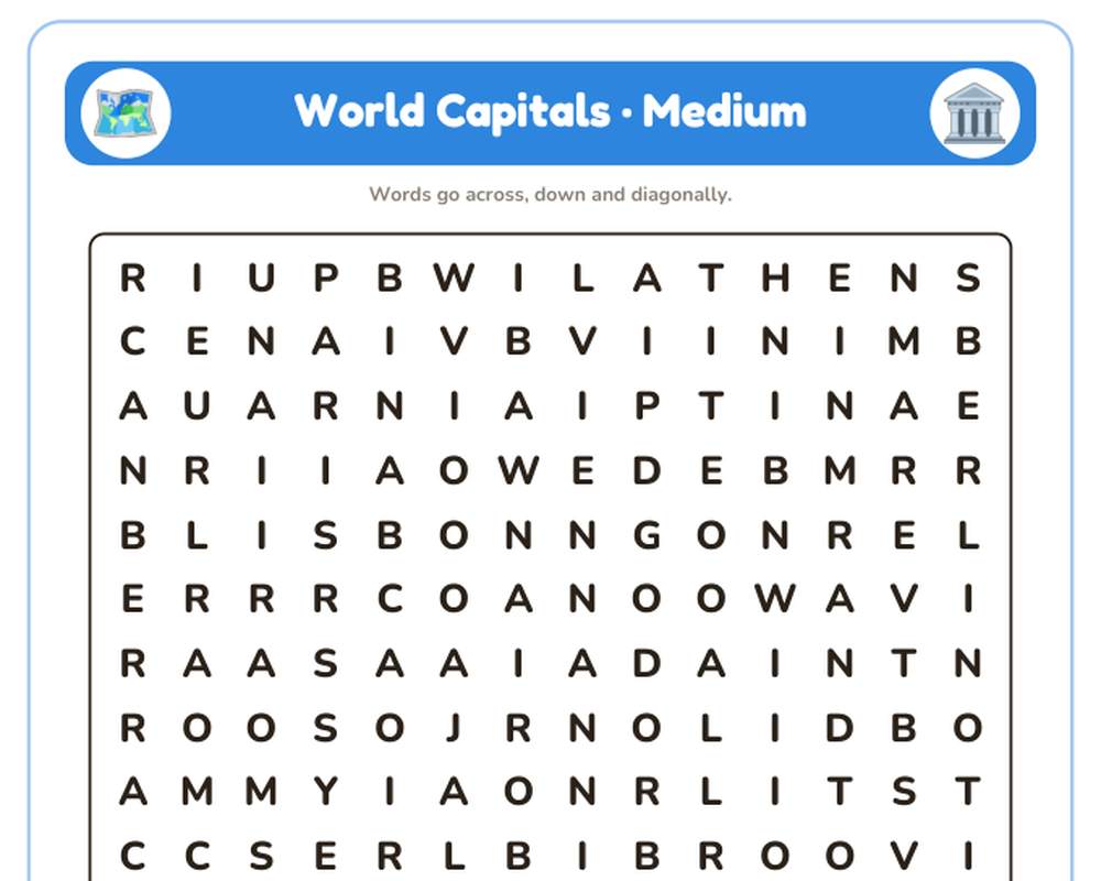World Capitals Word Search Printable: 4 Puzzles (Easy to Hard + Large Print) printable preview 2